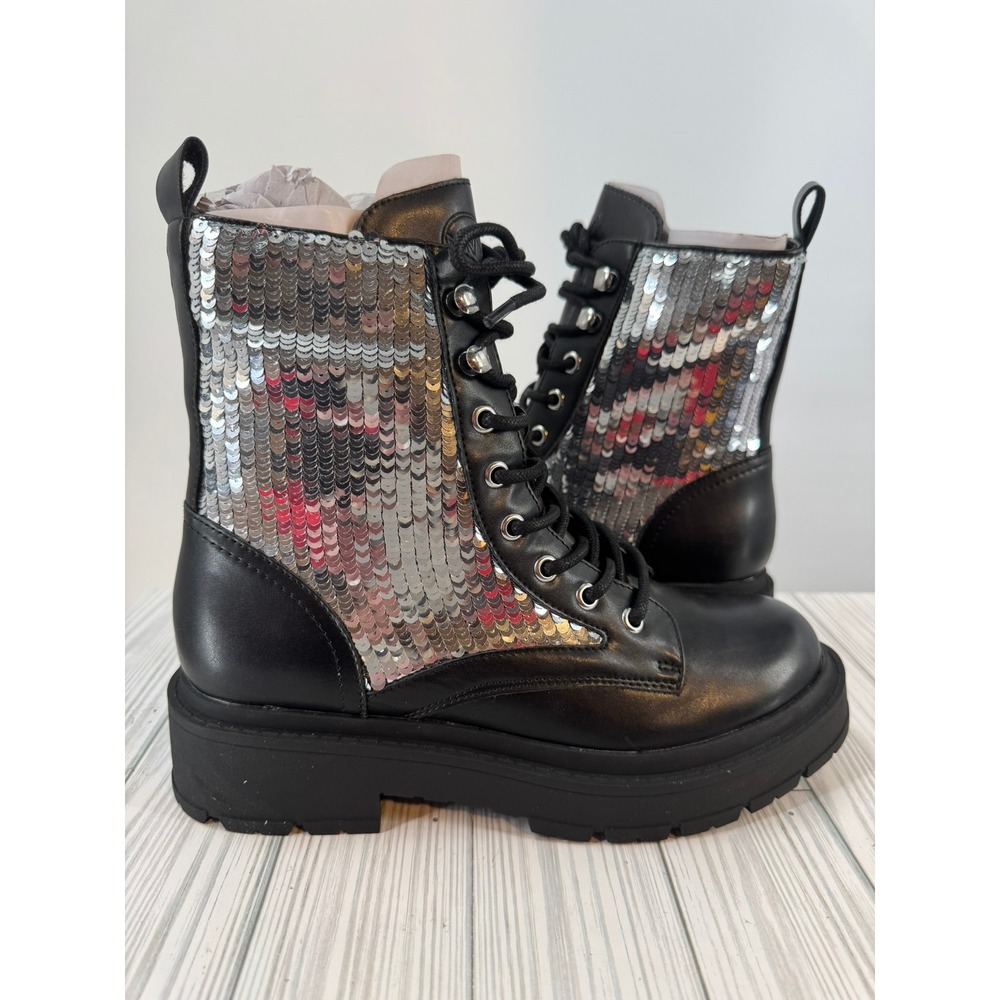 Nine West Wmns Hediy Black Sequins Combat Boots Lace Up Side Zip Platform Size 8